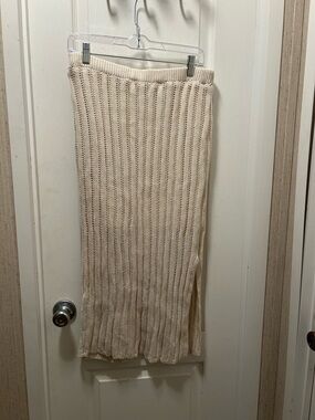 Cream Open-Weave Knit Maxi Skirt with Side Slit